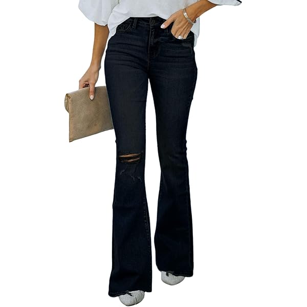 矯正用品・補助ベルト BELLE SERIES compression denim pants vunahzma Women's Bell Bottom Jeans Elastic Waist Ripped